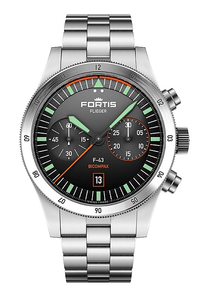 Fortis Flieger F-43 Bicompax Original auf Block-Armband F4240004