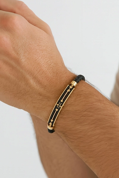 Gold Herren Lederarmband mit Keramik