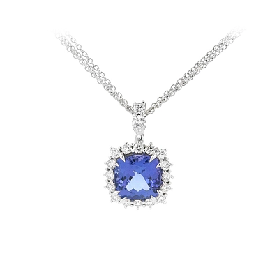 Halskette mit Tansanit im Halo-Design, umgeben von Diamanten