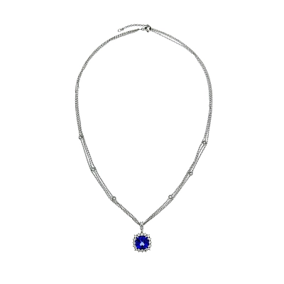 Halskette mit Tansanit im Halo-Design, umgeben von Diamanten