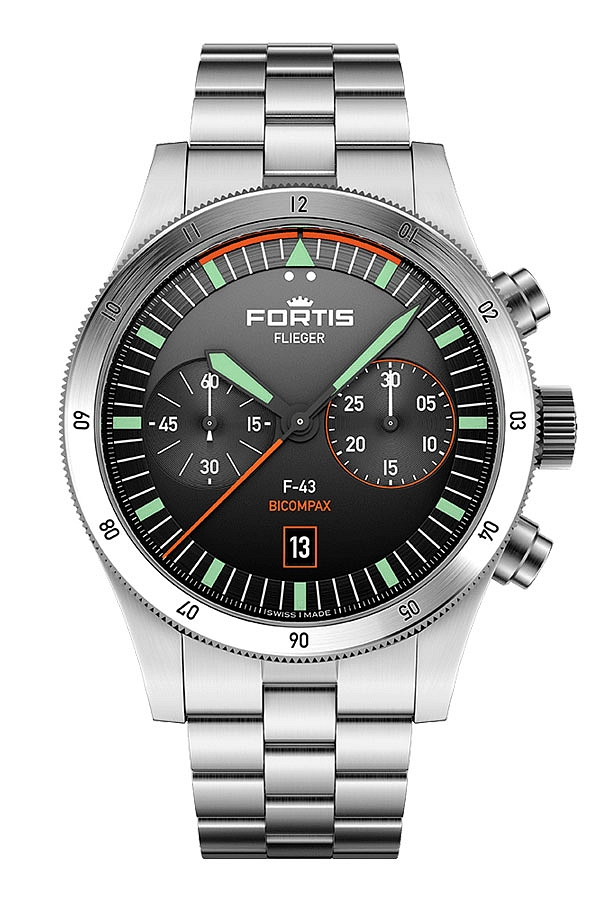Fortis Flieger F-43 Bicompax Original auf Block-Armband F4240004