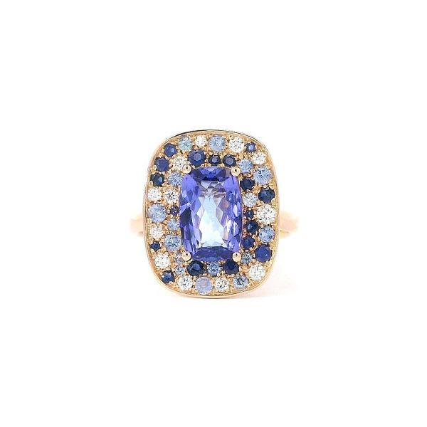 Farbige Harmonie von Tansaniten, Saphiren und Diamanten in Roségold