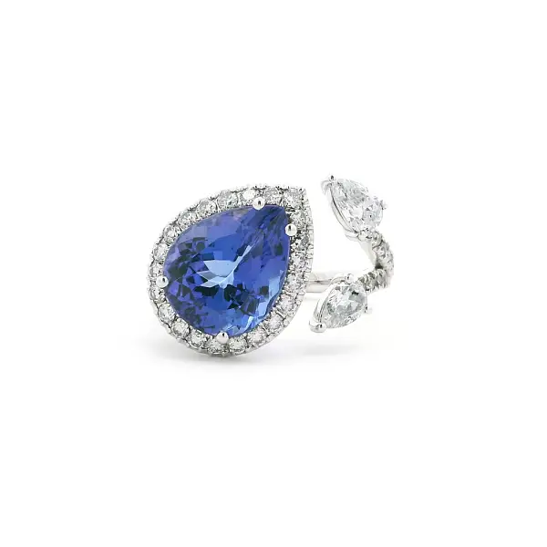 Weißgoldring mit tropfenförmigem Tansanit und Diamanten