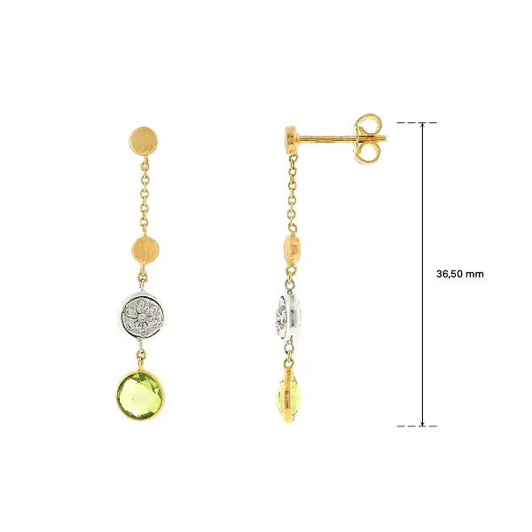 Goldene Hängeohrringe mit grünem Stein und Zirkonia