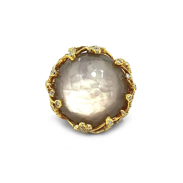 Goldring mit Perle, Quarz und Diamanten