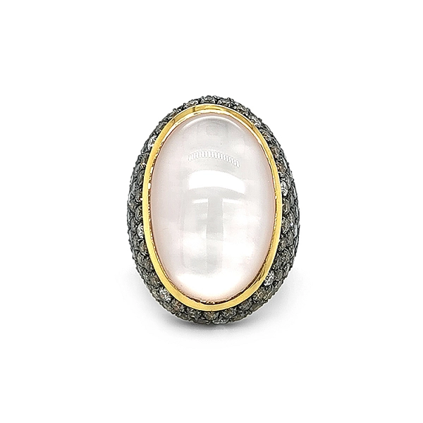 Goldring mit Perle, Quarz und farbigen Diamanten
