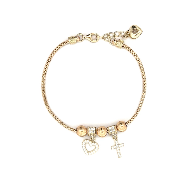Goldarmband mit leuchtenden Steinen und Symbolik für Liebe und Glaube