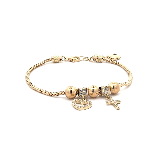 Goldarmband mit leuchtenden Steinen und Symbolik für Liebe und Glaube