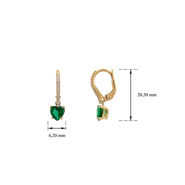 Goldohrringe mit Zirkonen und smaragdgrünen Herzen