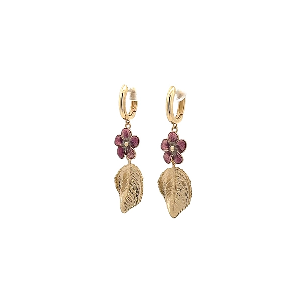 Gelbgold-Ohrringe mit lila Blume und Blattgold