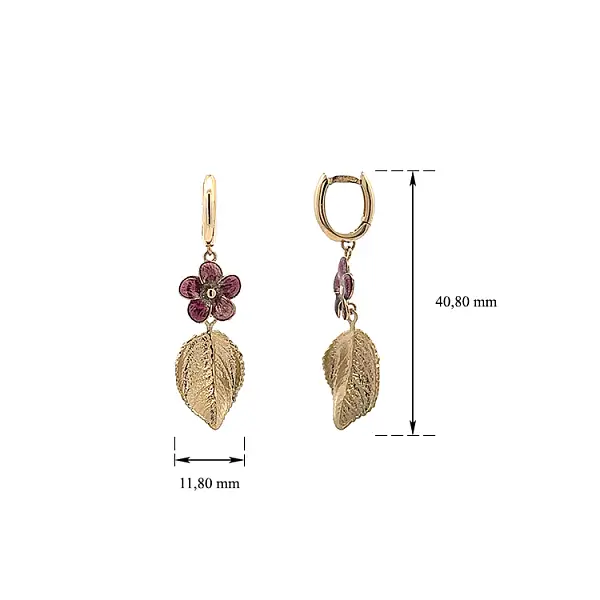Gelbgold-Ohrringe mit lila Blume und Blattgold