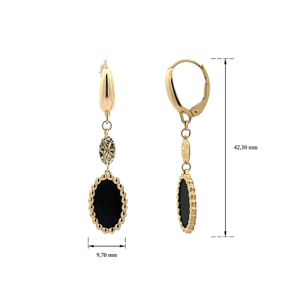 Luxuriöse Goldohrringe mit ovalem schwarzem Stein und zarten Details