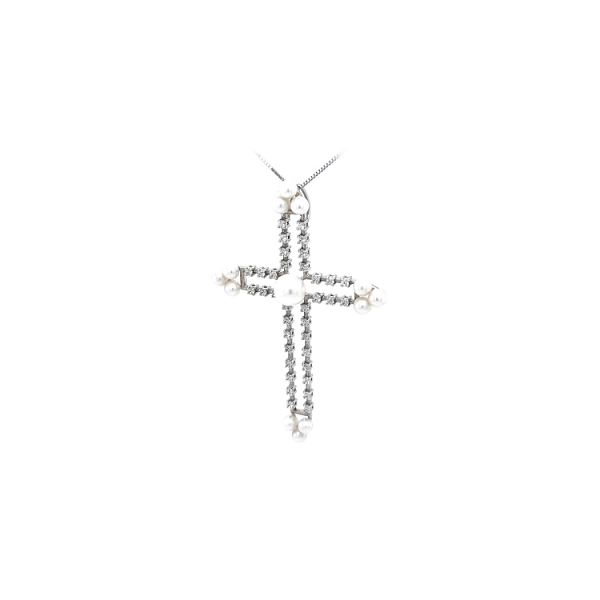 Anhänger Kreuz mit Perle und Zirkonen aus Weißgold