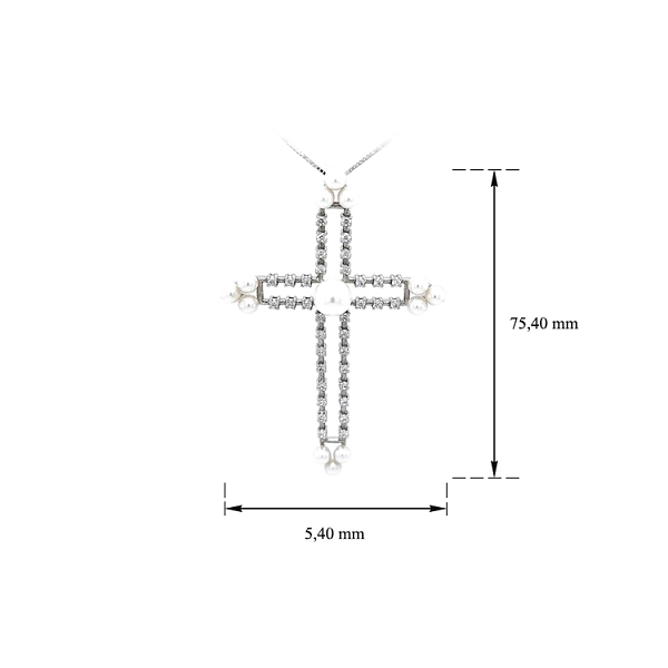 Anhänger Kreuz mit Perle und Zirkonen aus Weißgold