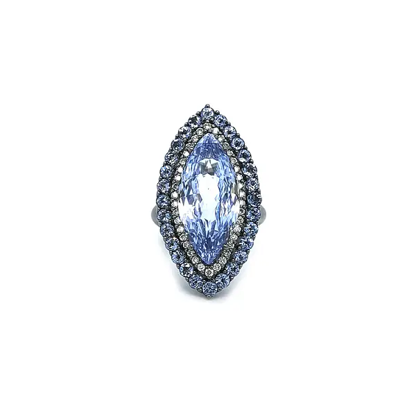 Goldring Crivelli mit blauem Topas und Diamanten