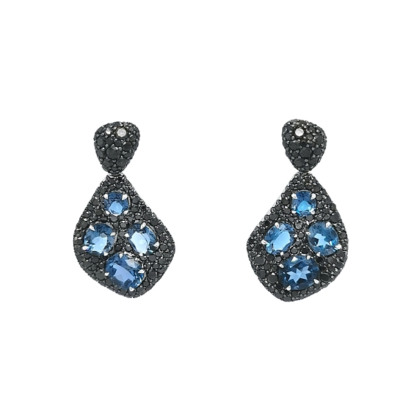 Goldohrringe mit blauem Topas und schwarzen Diamanten