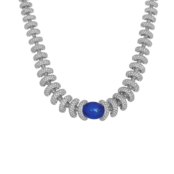 Goldhalskette mit Tansanit und Diamanten