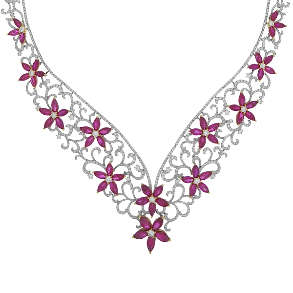 Goldhalskette mit Rubinen und Diamanten