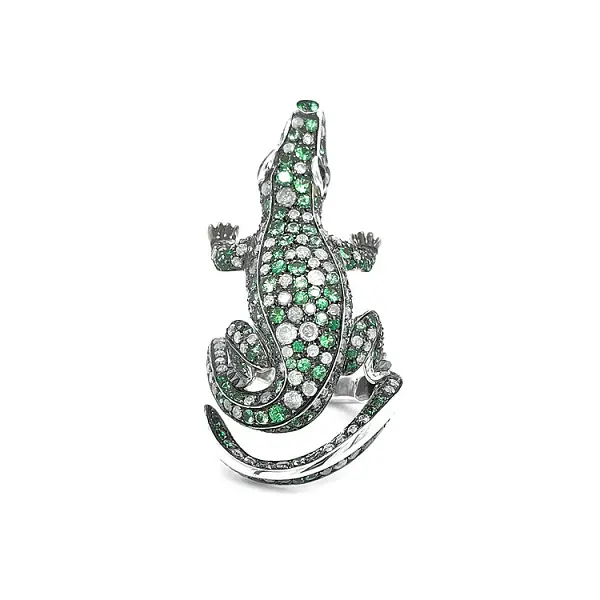 Goldring mit grünen Granaten und Diamanten