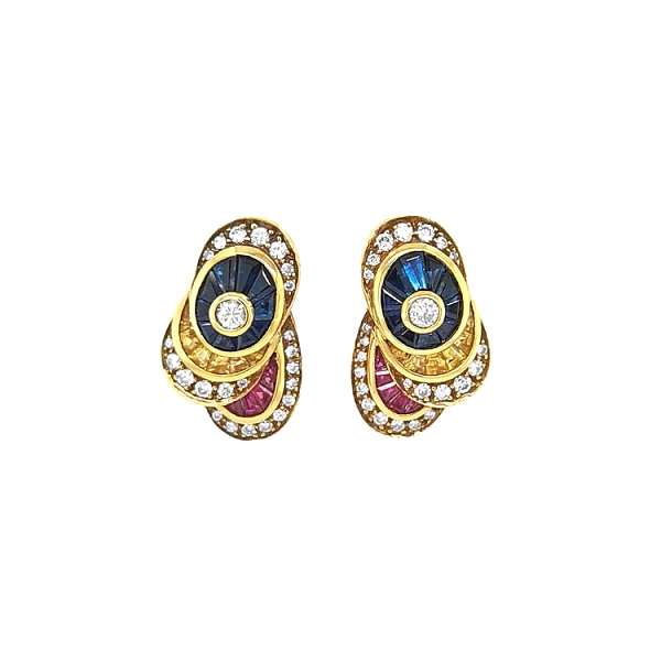 Goldohrringe mit Rubinen, blauen und gelben Saphiren und Diamanten