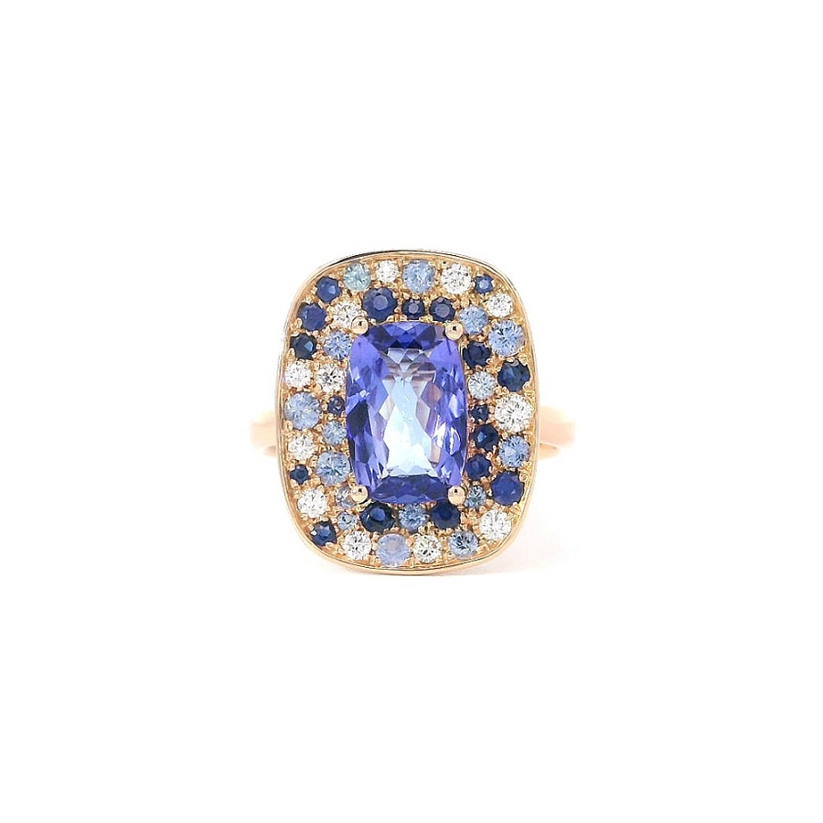 Farbige Harmonie von Tansaniten, Saphiren und Diamanten in Roségold