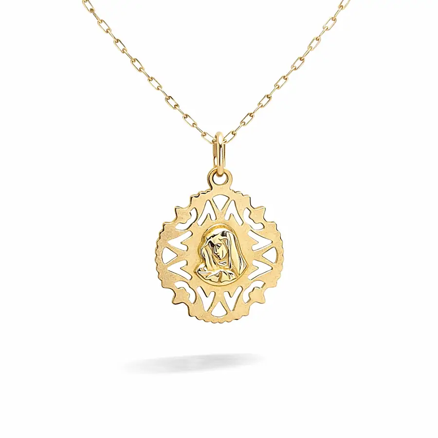 Goldener Anhänger Jungfrau Maria mit ornamentalem Rahmen