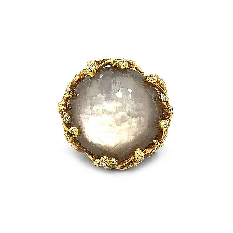 Goldring mit Perle, Quarz und Diamanten