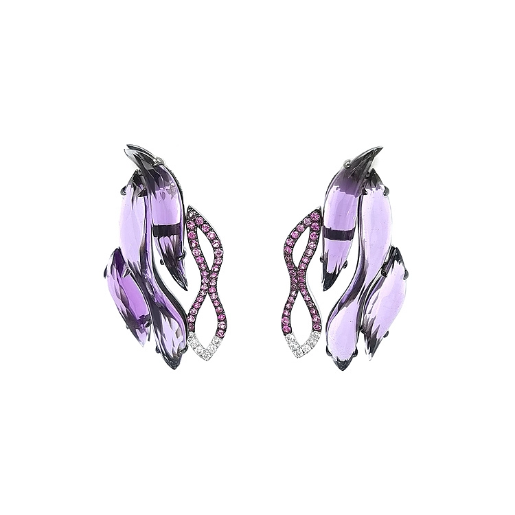 Goldohrringe mit Amethysten, rosa Saphiren und Diamanten