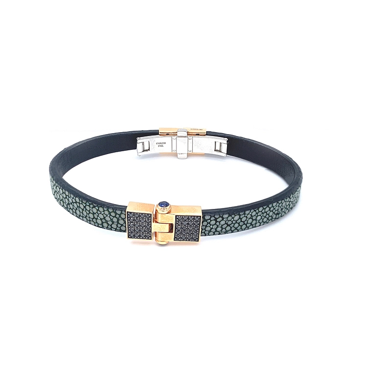 Goldarmband Baraka mit Leder und schwarzen Diamanten BR231081