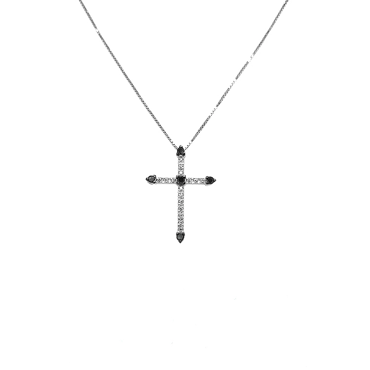 Gold-Anhänger Kreuz mit schwarzen und weißen Diamanten