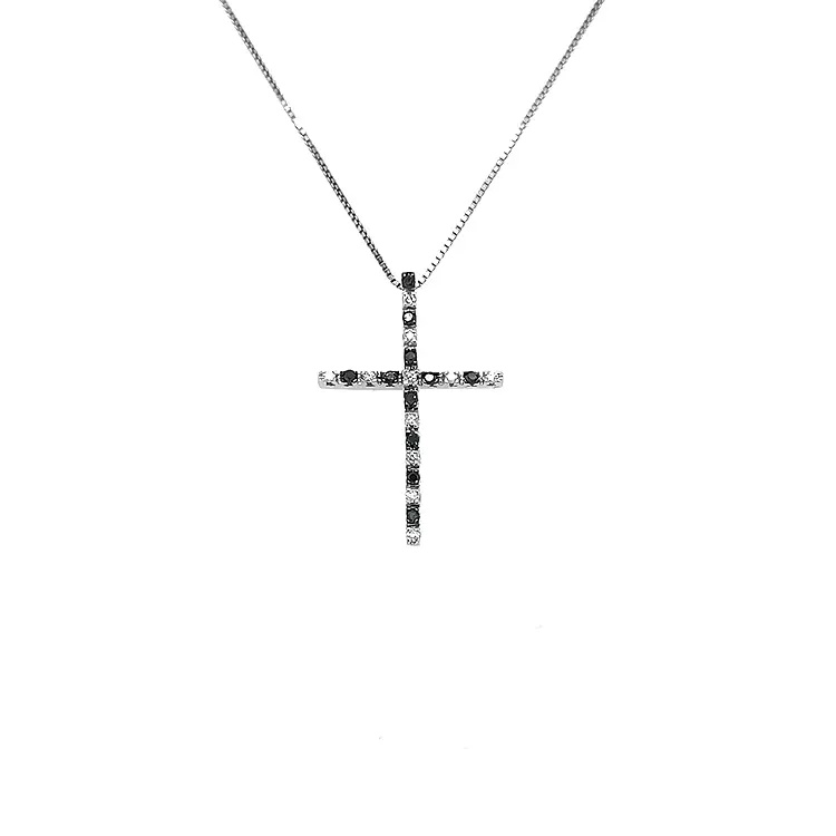 Gold-Anhänger Kreuz mit schwarzen und weißen Diamanten