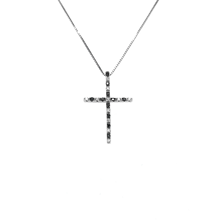Gold-Anhänger Kreuz mit schwarzen und weißen Diamanten