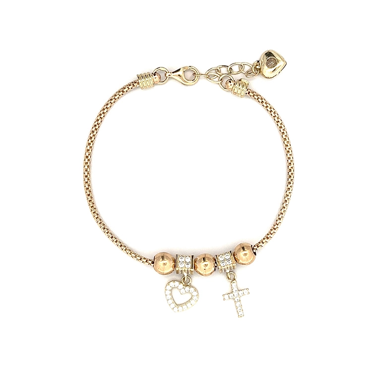 Goldarmband mit leuchtenden Steinen und Symbolik für Liebe und Glaube