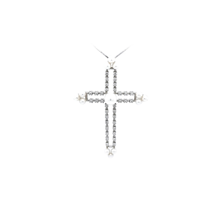 Anhänger Kreuz mit Perle und Zirkonen aus Weißgold