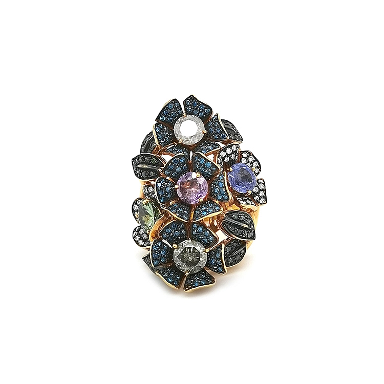 Gold Cockail Ring mit farbigen Diamanten