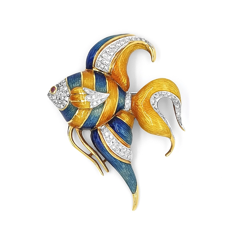 Goldbrosche Fisch mit Rubin und Diamanten